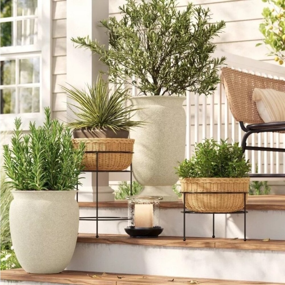 Studio McGee Small Wicker/Metal Indoor Outdoor Planter Stand Black - Picture 4 of 8